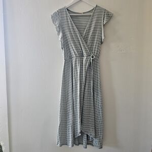 Caution To The Wind Embroidered Striped High-Low Wrap Dress in Gray